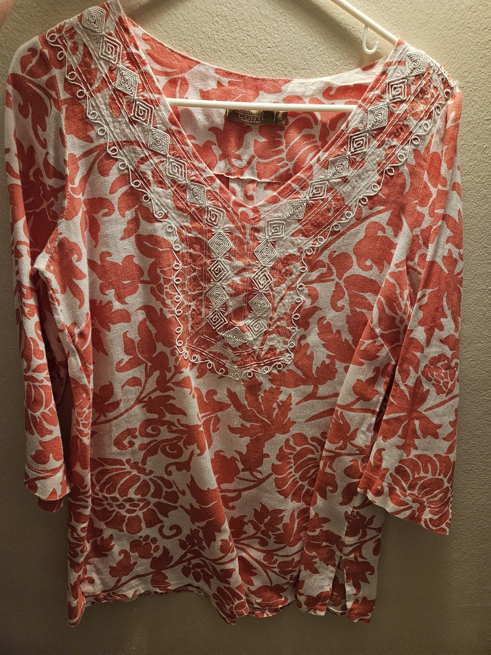 Connie Coral and White Embroidered V-Neck Tunic Top